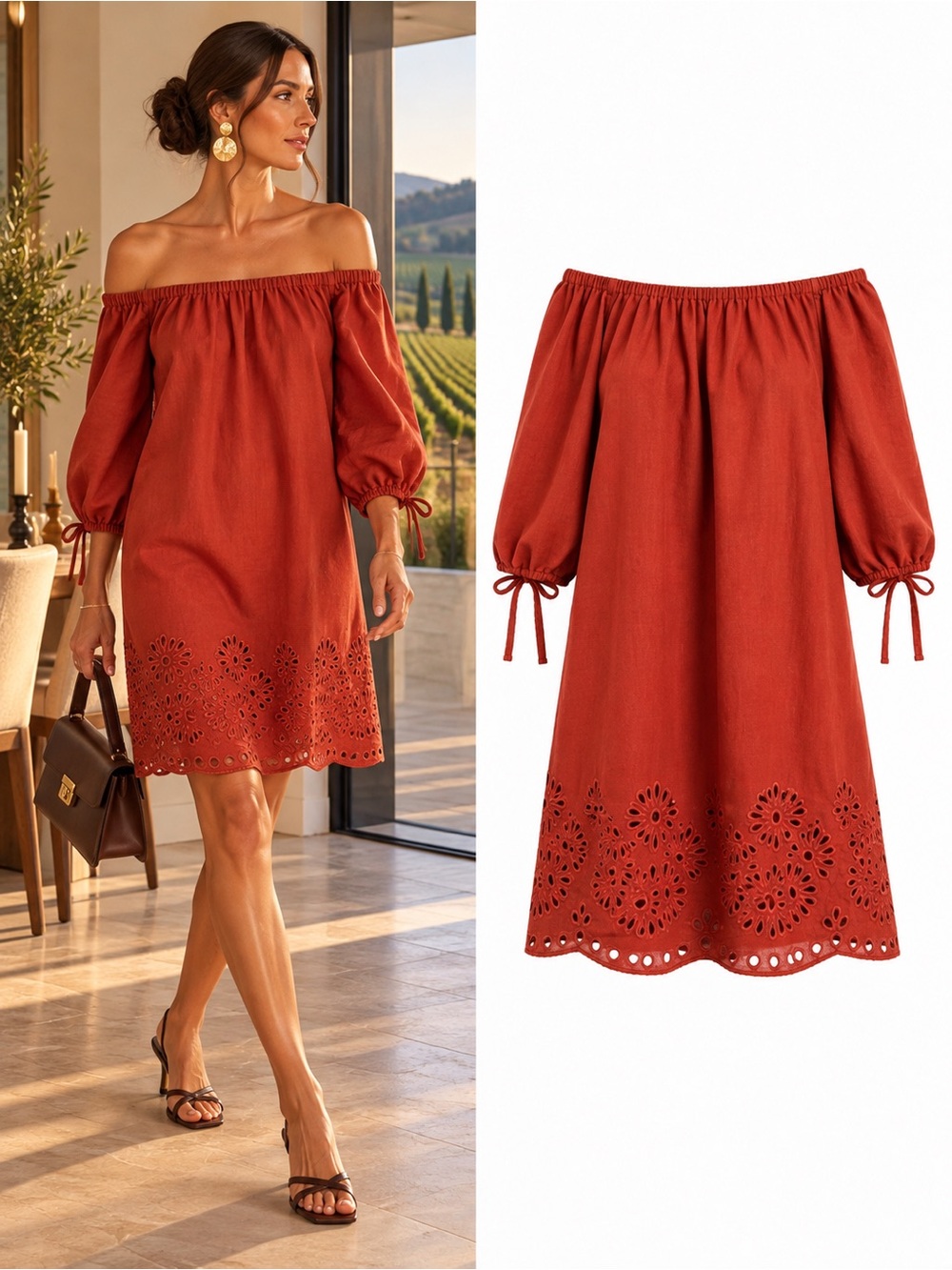 J.Crew Linen Cotton Eyelet Off Shoulder Shift Dress Rust Size XS Fall Resortwear